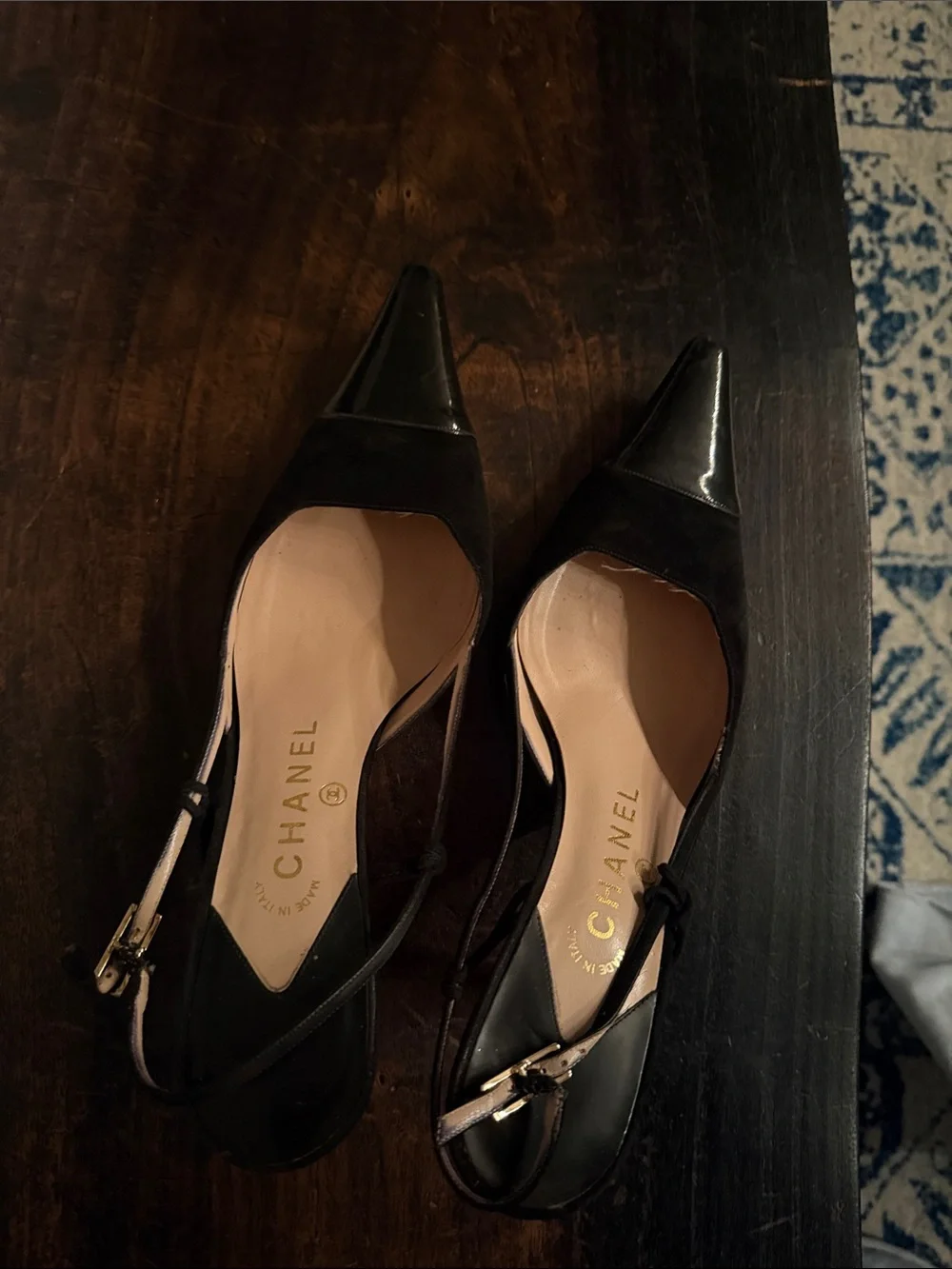 AUTHENTIC CHANEL Black Pointed Slingback Pumps with Patent Toe - 40